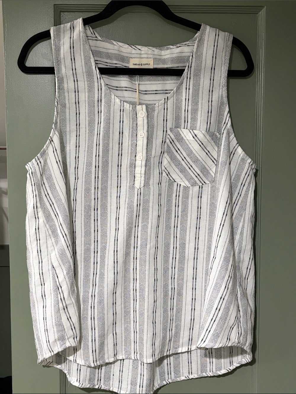 Thread & Supply White and black Striped Sleeveless Henley Tank
